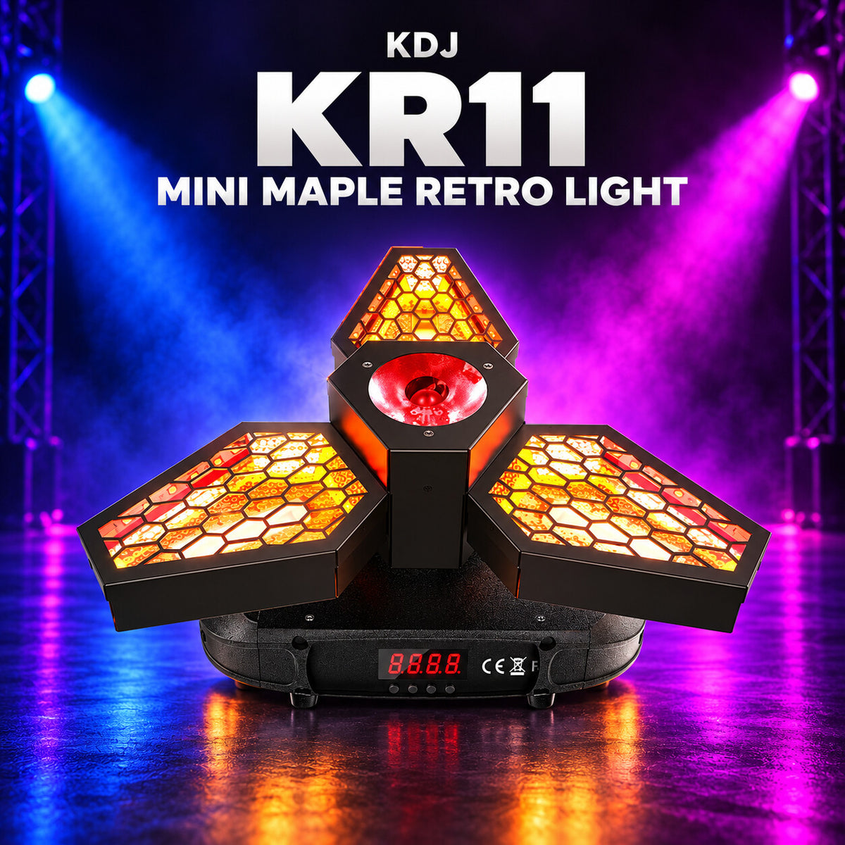 KDJ KR11 mini maple retro light fixture with its original photographed construction against a blue and magenta stage.