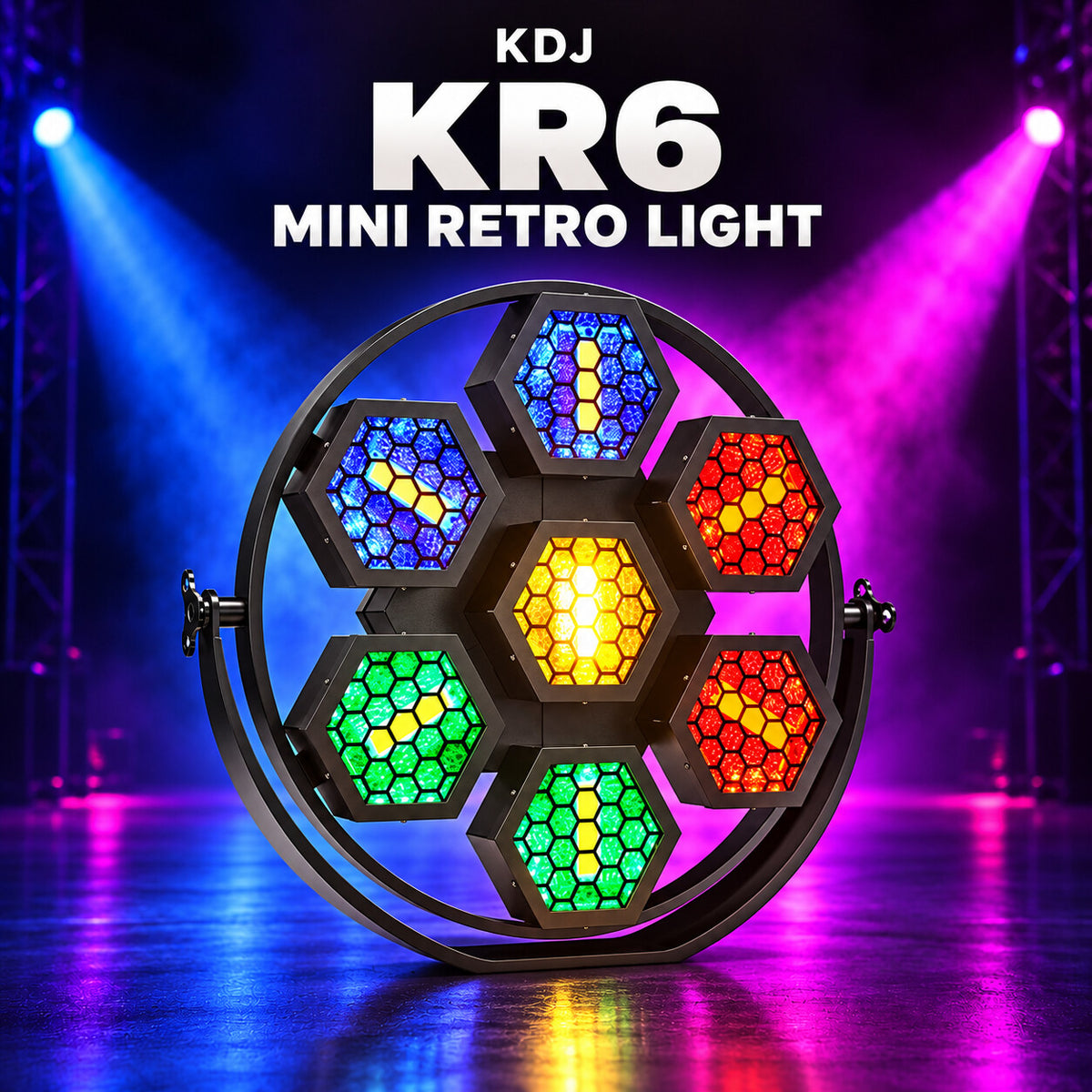 KDJ KR6 mini retro light fixture with its original photographed construction against a blue and magenta stage.