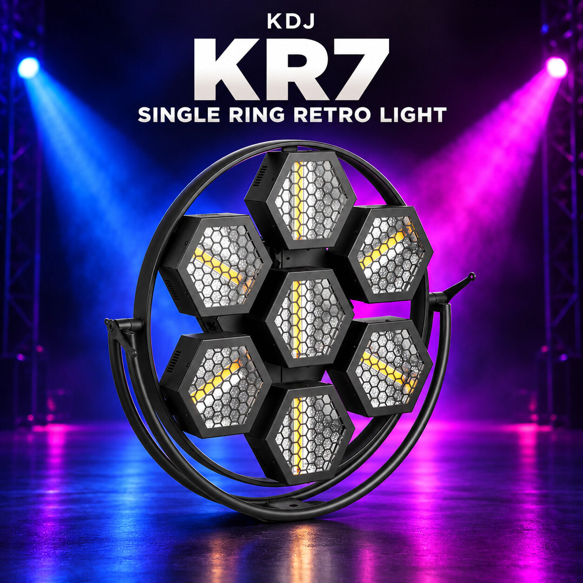 KDJ KR7 single ring retro light fixture with its original photographed construction against a blue and magenta stage.