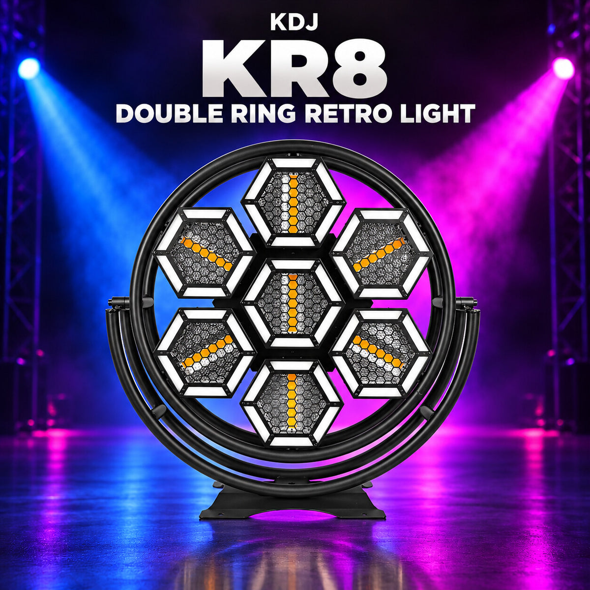 KDJ KR8 double ring retro light fixture with its original photographed construction against a blue and magenta stage.