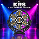 KDJ KR8 double ring retro light fixture with its original photographed construction against a blue and magenta stage.