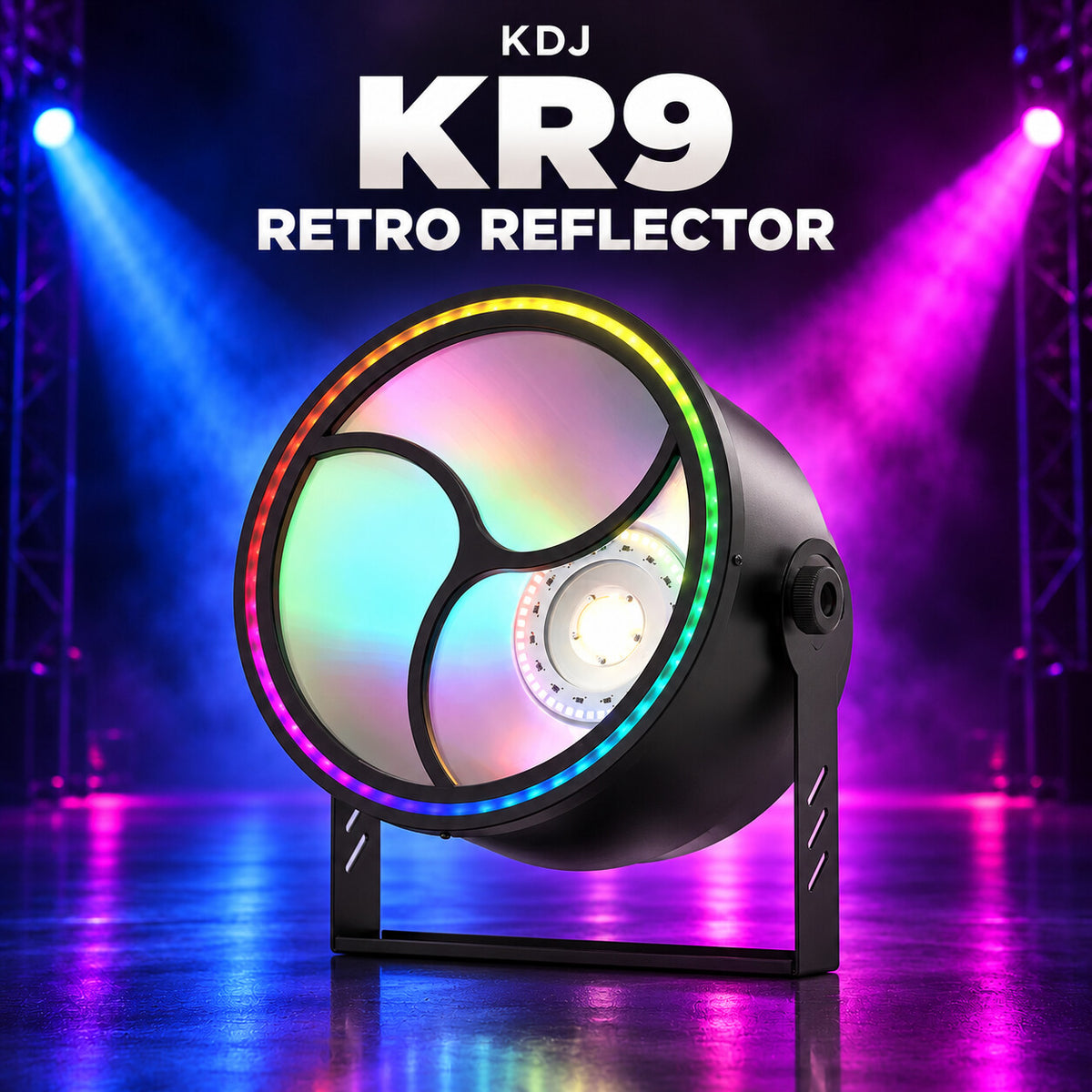 KDJ KR9 retro reflector fixture with its original photographed construction against a blue and magenta stage.
