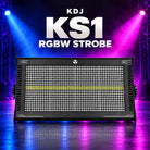 KDJ KS1 rgbw strobe fixture with its original photographed construction against a blue and magenta stage.