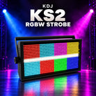 KDJ KS2 rgbw strobe fixture with its original photographed construction against a blue and magenta stage.
