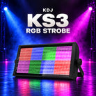 KDJ KS3 rgb strobe fixture with its original photographed construction against a blue and magenta stage.
