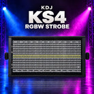 KDJ KS4 rgbw strobe fixture with its original photographed construction against a blue and magenta stage.