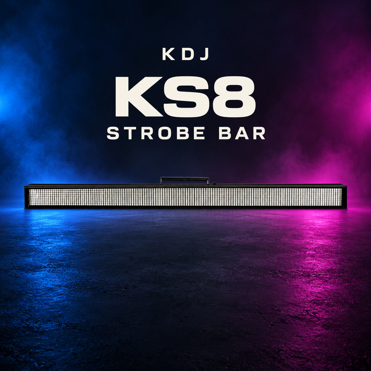 KDJ KS8 strobe bar fixture with its original photographed construction against a blue and magenta stage.