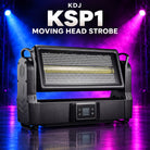 KDJ KSP1 moving head strobe fixture with its original photographed construction against a blue and magenta stage.