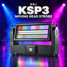 KDJ KSP3 moving head strobe fixture with its original photographed construction against a blue and magenta stage.