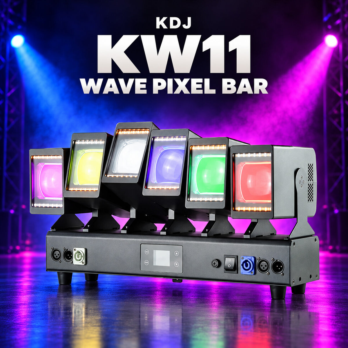 KDJ KW11 wave pixel bar fixture with its original photographed construction against a blue and magenta stage.