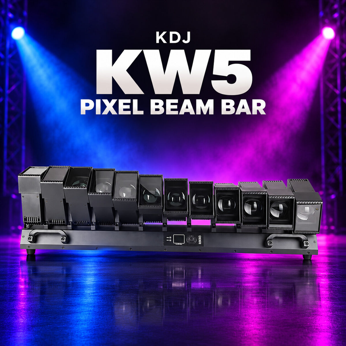 KDJ KW5 pixel beam bar fixture with its original housing and controls, shown against a dark blue and magenta stage.