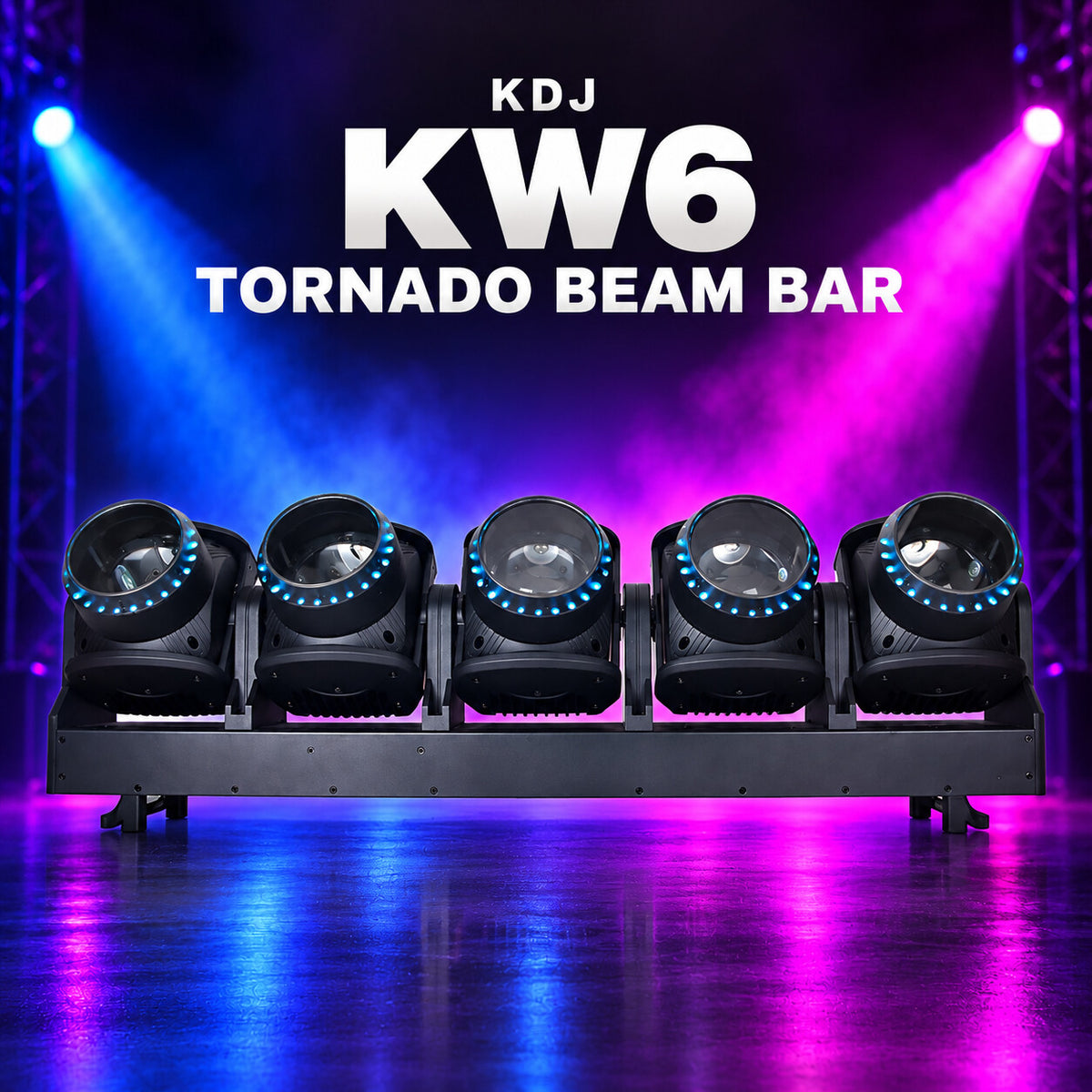 KDJ KW6 tornado beam bar fixture with its original photographed construction against a blue and magenta stage.