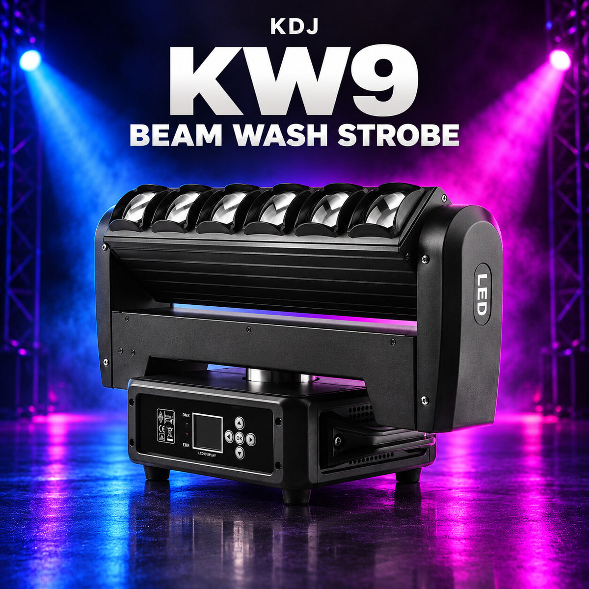 KDJ KW9 beam wash strobe fixture with its original photographed construction against a blue and magenta stage.