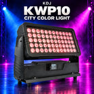 KDJ KWP10 city color light fixture with its original photographed construction against a blue and magenta stage.