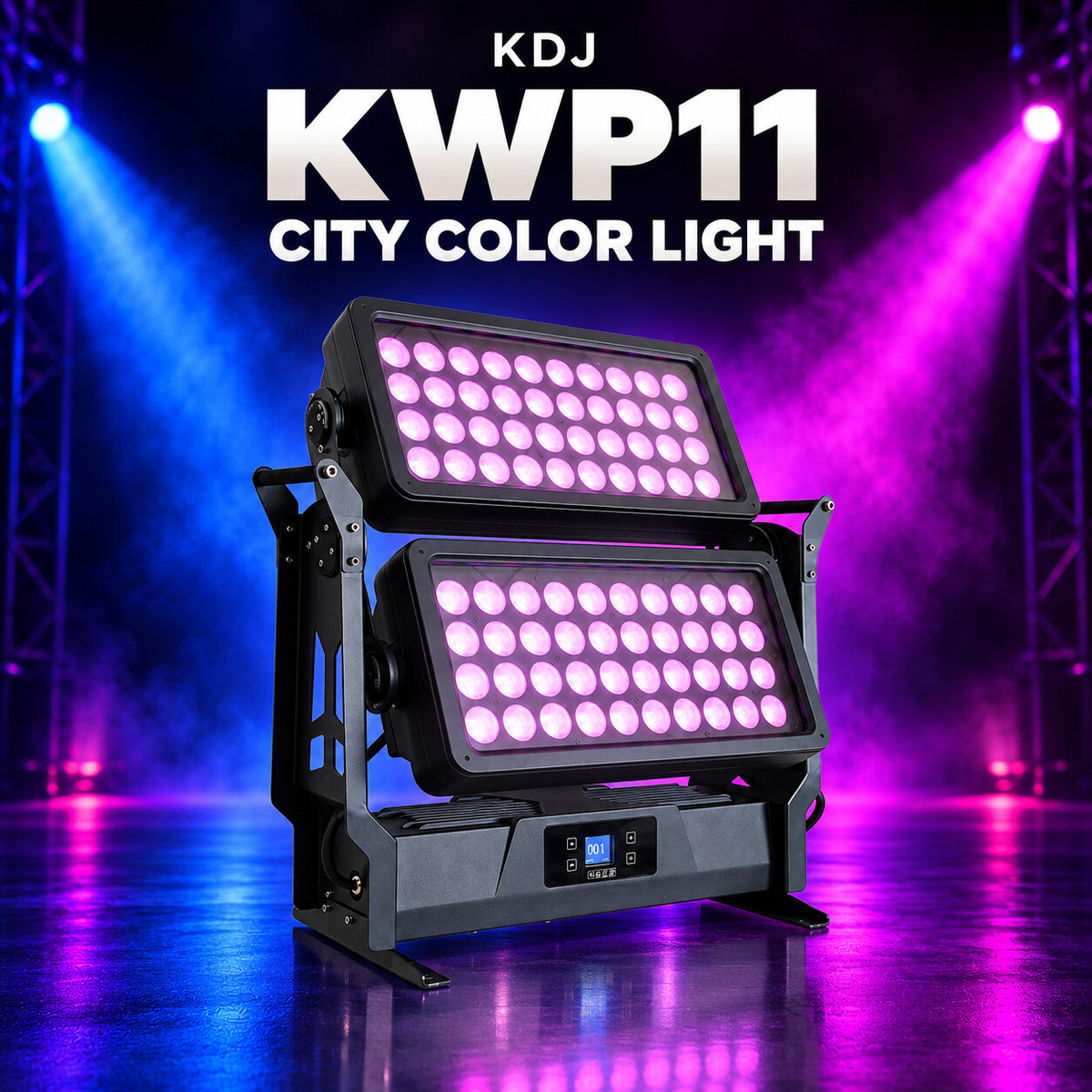 KDJ KWP11 city color light fixture with its original photographed construction against a blue and magenta stage.