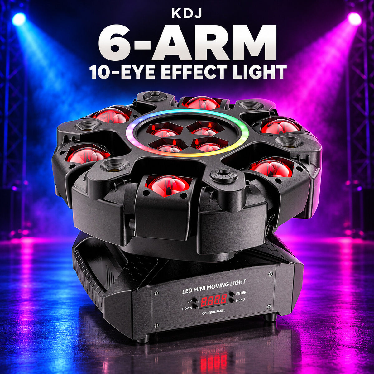KDJ 6-ARM 10-eye effect light with its photographed construction against a blue and magenta stage.