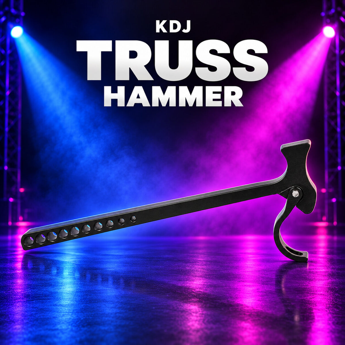 KDJ TRUSS hammer fixture with its original photographed construction against a blue and magenta stage.