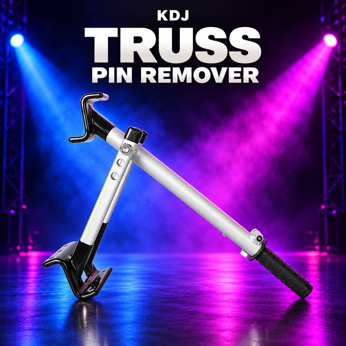 KDJ TRUSS pin remover fixture with its original photographed construction against a blue and magenta stage.