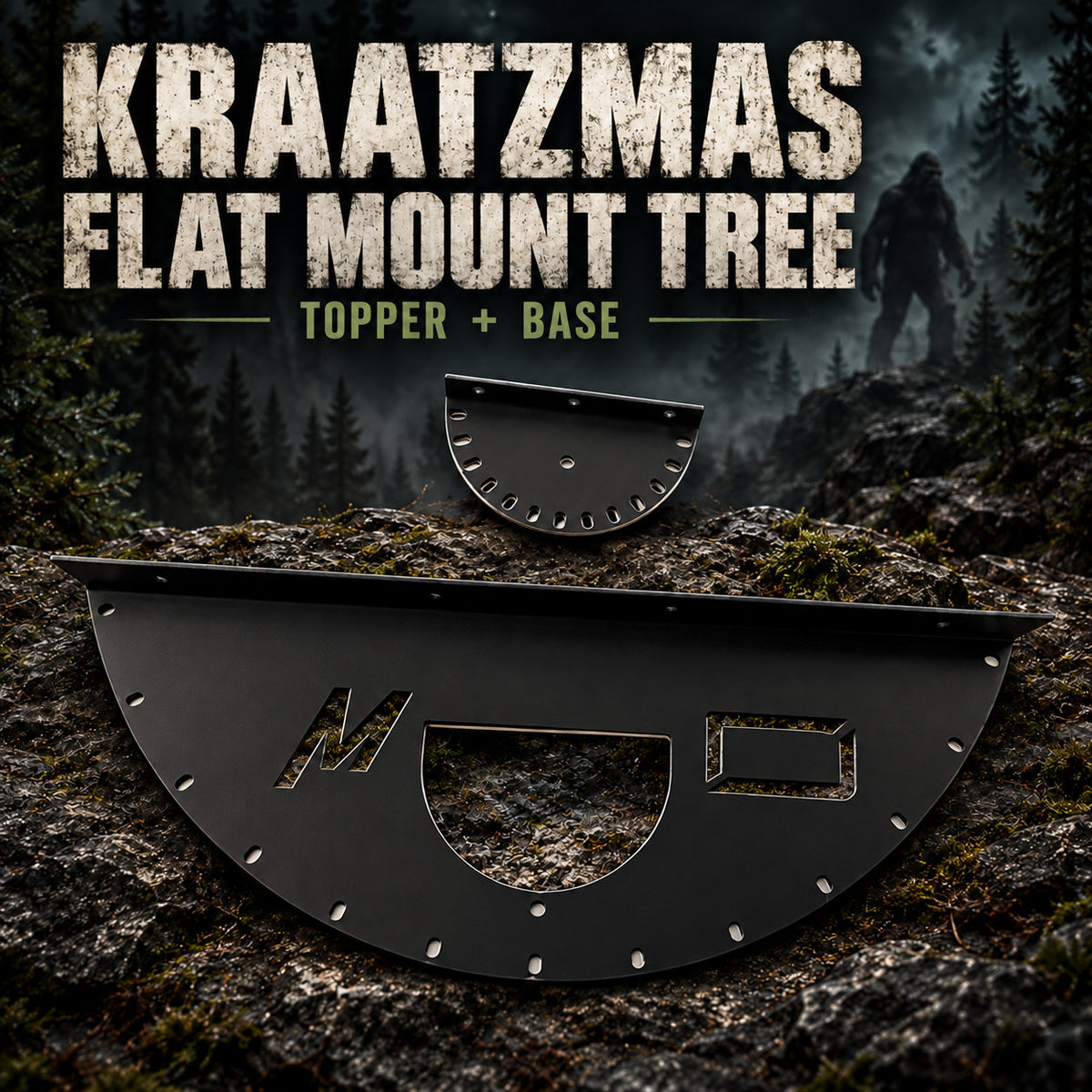 Kraatzmas Flat Mount Tree hardware with small topper and large black semicircular base, showing mounting slots and openings.