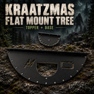 Kraatzmas Flat Mount Tree hardware with small topper and large black semicircular base, showing mounting slots and openings.