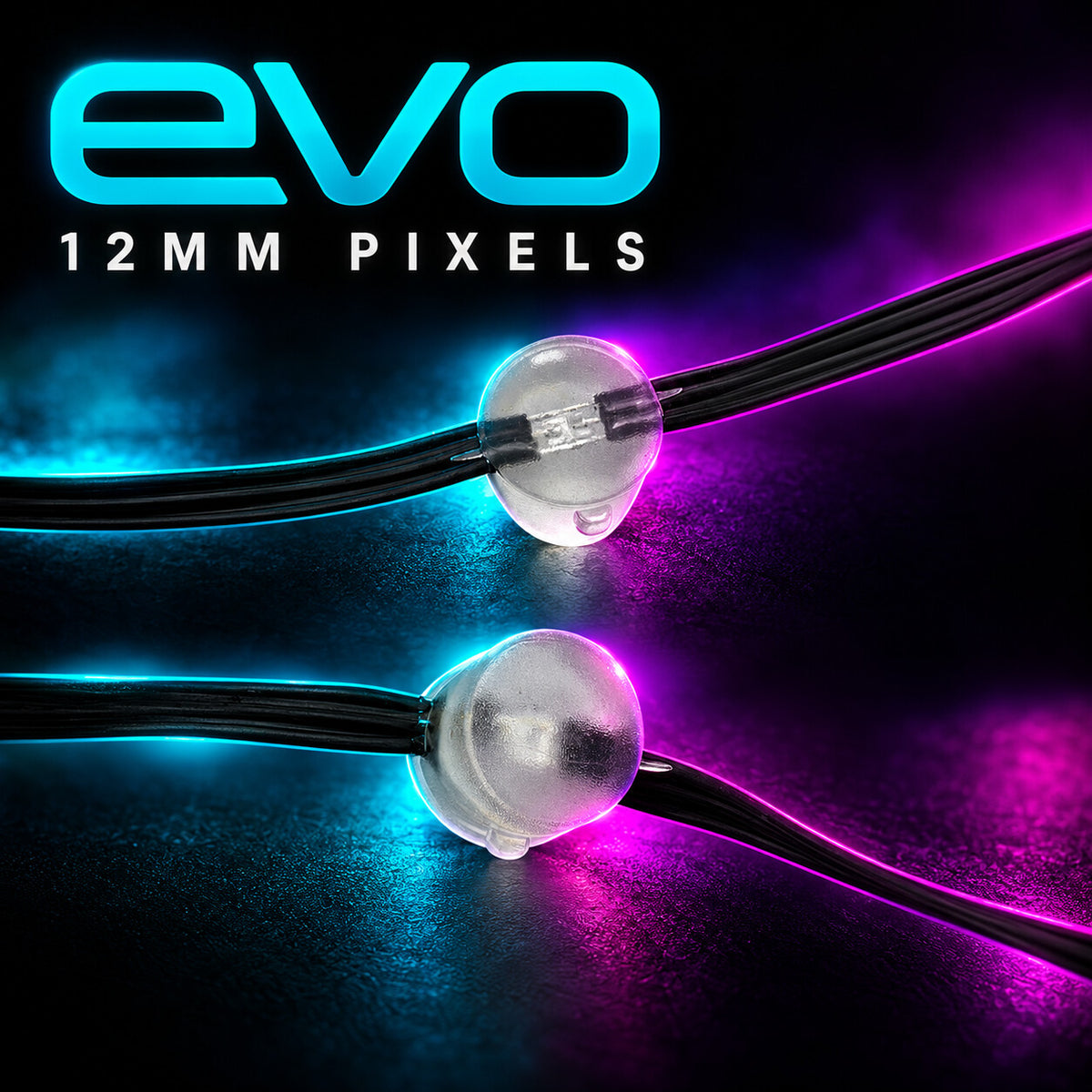 EVO 12mm pixels showing the clear pixel housing and black flat three-wire cable.