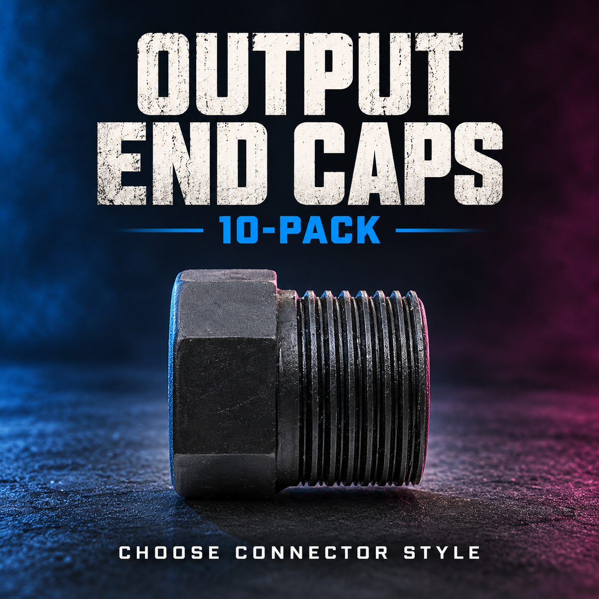 Pixel pigtail output end caps, showing one threaded output-cap example; select the connector style for a pack of ten.
