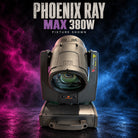 Phoenix Ray Max 380W moving head fixture, showing the front lens, yoke, and metal base.