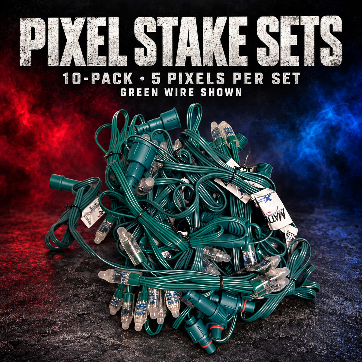 Pixel Stake sets in the green-wire option, with clear bullet pixels, green connectors and original cable tags; ten sets of five pixels.