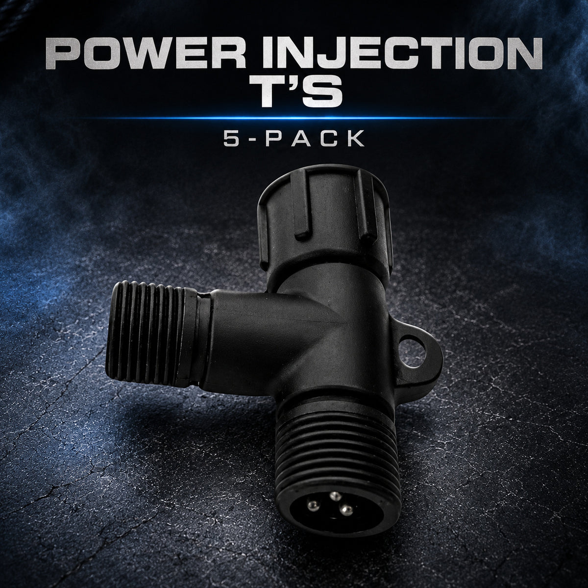 Black power injection T connector with threaded branches, three visible front contacts and mounting loop; sold as a five-pack.