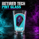 Clear Retired Tech pint glass with a turquoise panel, pixel coffin illustration and white RIP lettering.