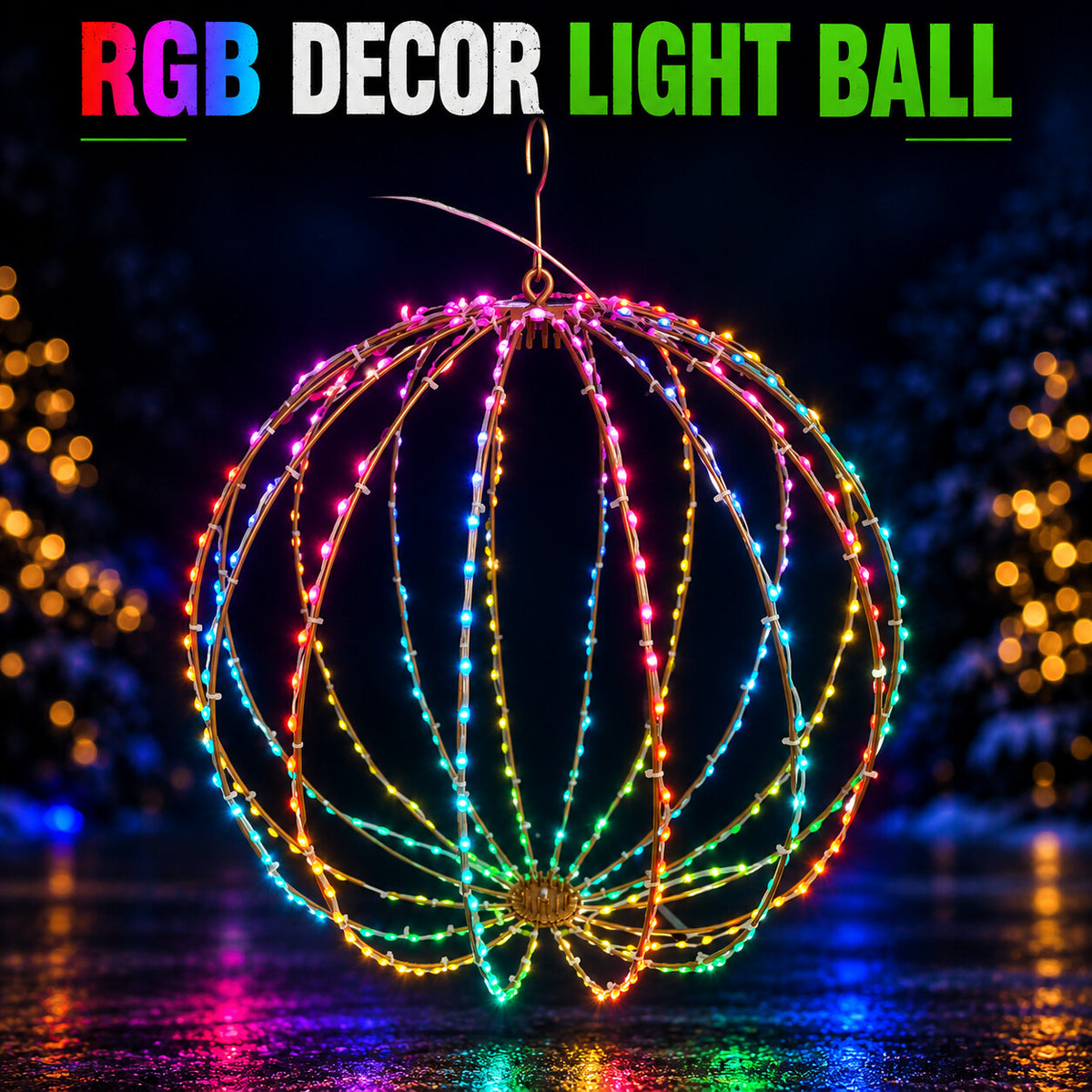 RGB Decor Light Ball with illuminated seed pixels, curved metal ribs, and a top hanging hook.