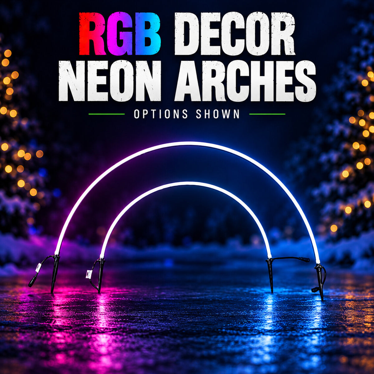 RGB Decor NEON arches shown in two sizes with illuminated white tubes and attached cables.