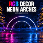 RGB Decor NEON arches shown in two sizes with illuminated white tubes and attached cables.