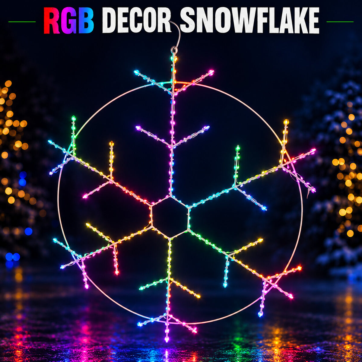 RGB Decor Snowflake with illuminated seed pixels, six branches, and a circular metal support frame.