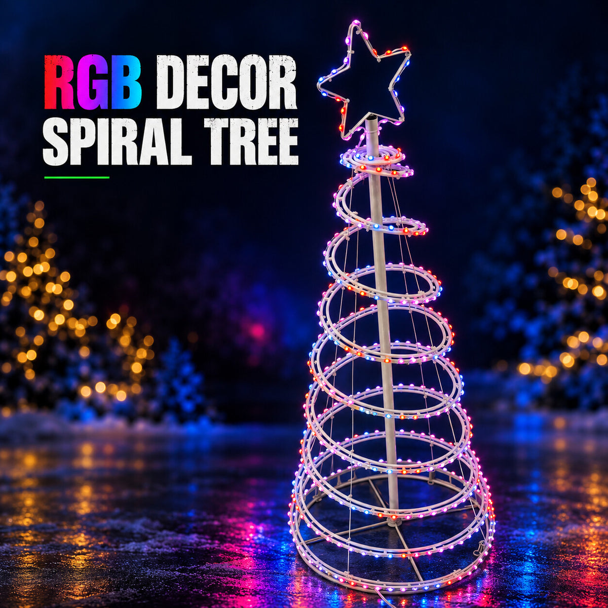 RGB Decor Spiral Tree with white spiral frame, multicolor seed pixels, and a wired star topper.