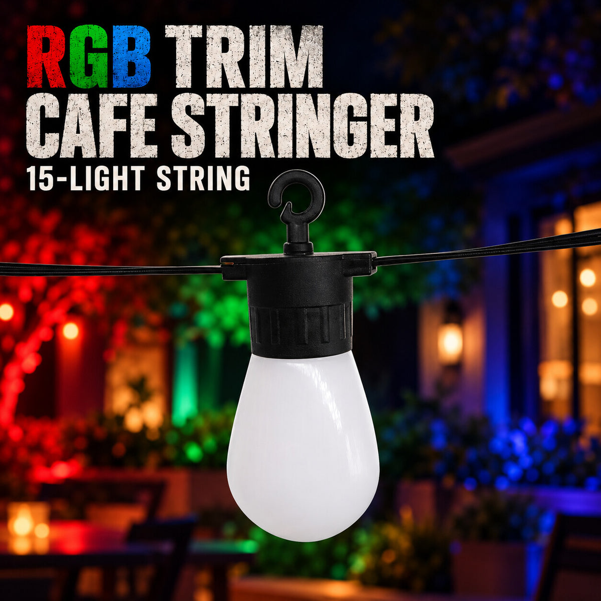 RGB Trim Cafe Stringer bulb detail showing its white diffuser, black holder, hanging hook and connecting cable; 15-light string.