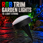 RGB Trim garden light detail showing its white diffuser, black housing, ground spike and connecting cable; 15-light string.