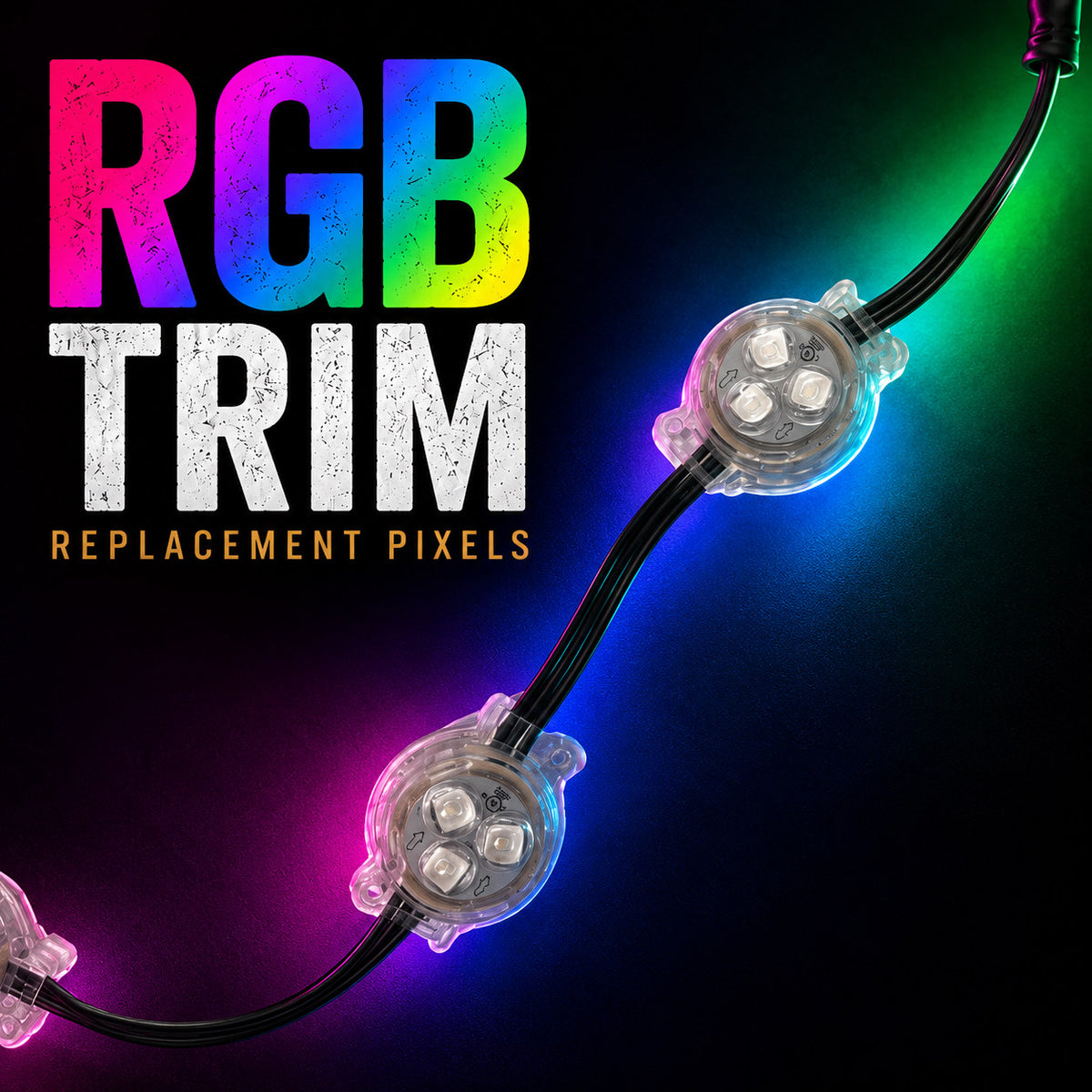 RGB Trim replacement pixel pucks with clear housings and black connecting cable.