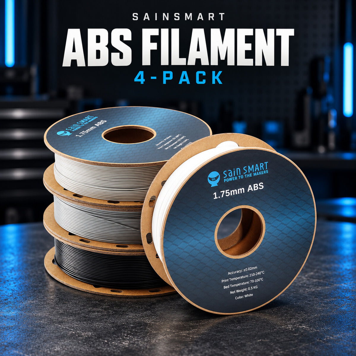 SainSmart ABS filament four-pack with black, white, gray and silver filament on four cardboard spools.