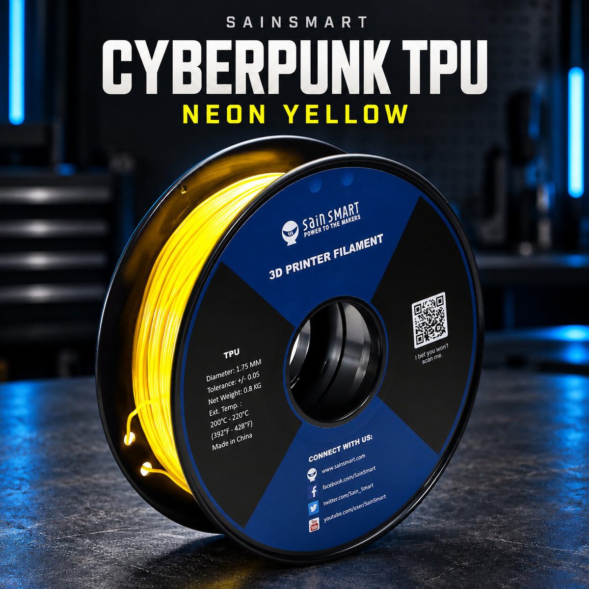 SainSmart Cyberpunk TPU filament in Neon Yellow, shown on the original labeled black spool.