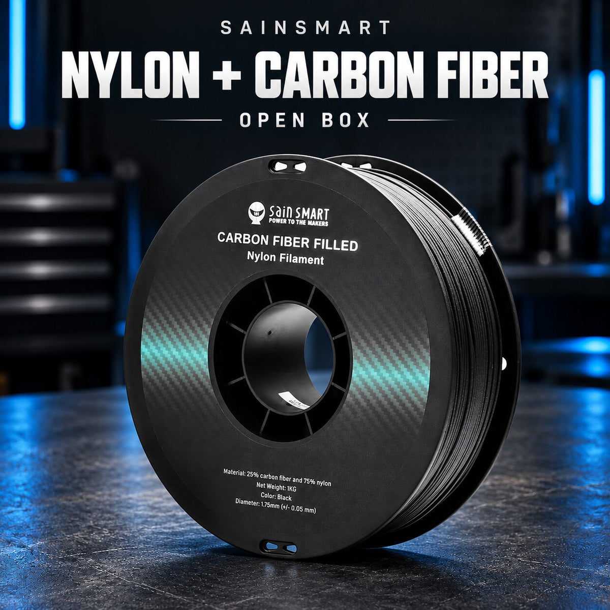 SainSmart open-box Nylon+ carbon fiber filament on its black spool with the original product label.