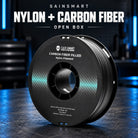 SainSmart open-box Nylon+ carbon fiber filament on its black spool with the original product label.