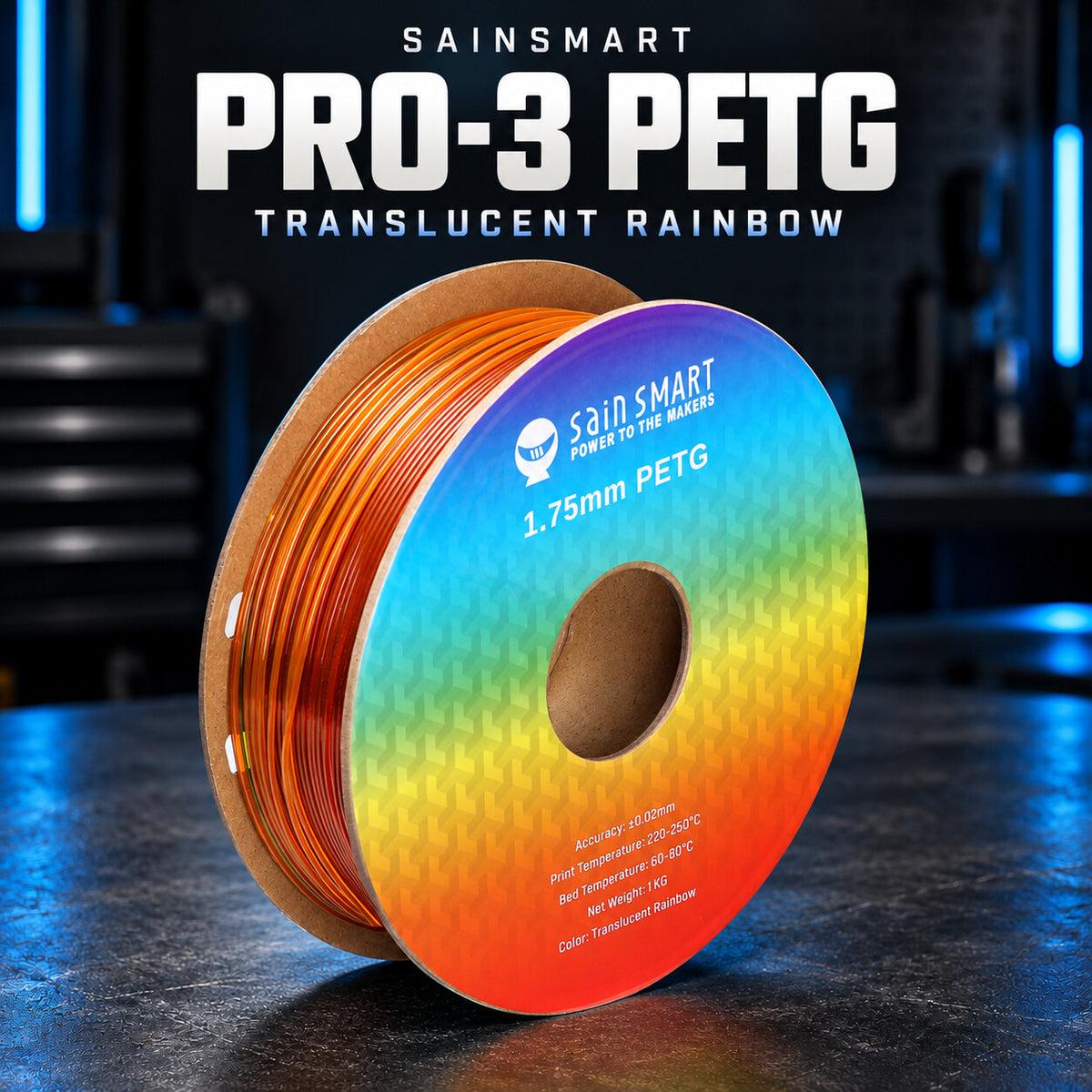 SainSmart PRO-3 PETG – Translucent Rainbow, shown on the original labeled filament spool.