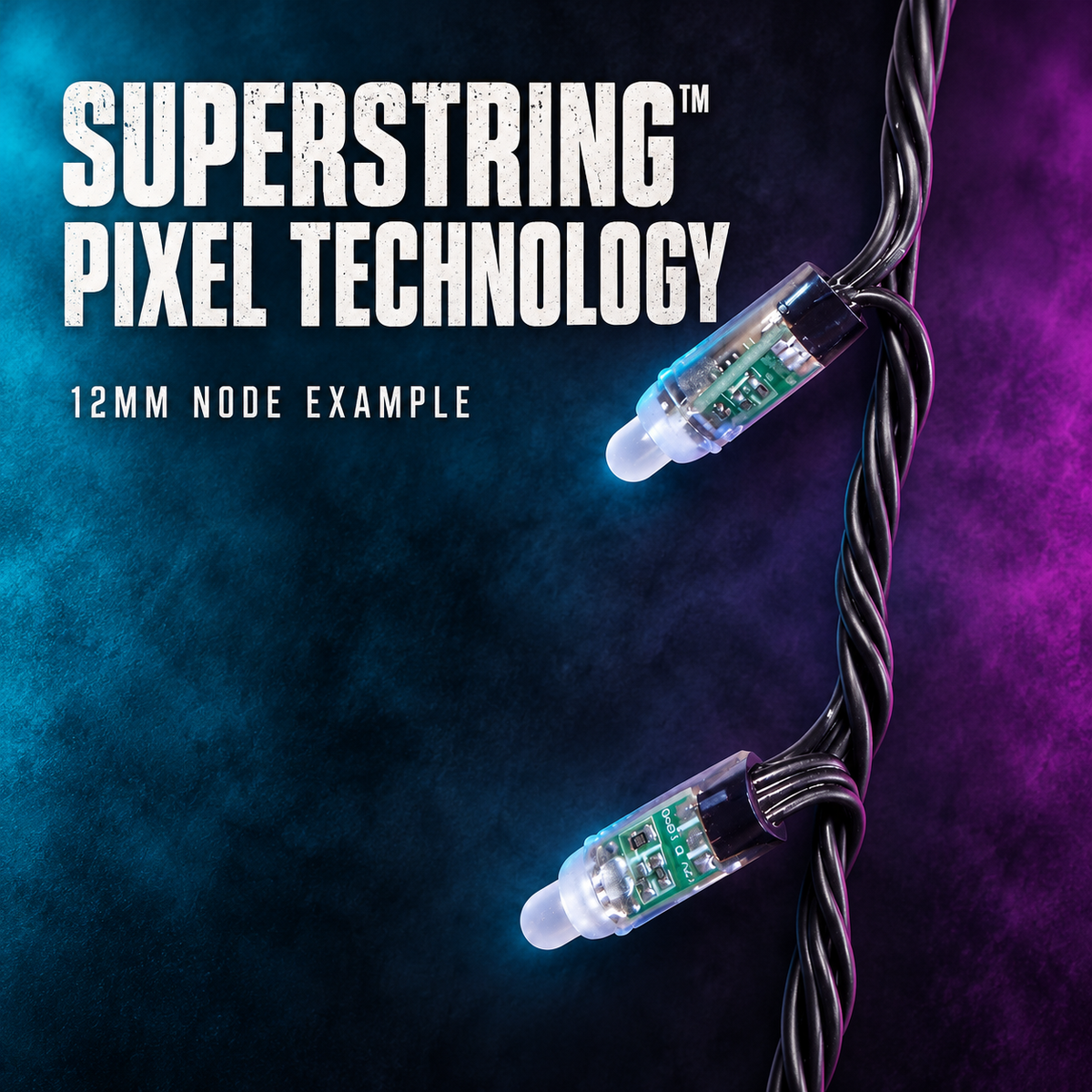 SuperString pixel technology with two clear 12mm node examples and the original twisted black wiring.